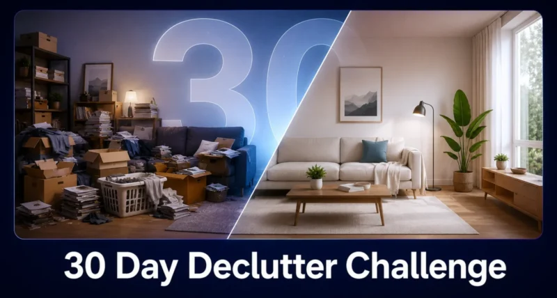30 day declutter challenge illustration showing before and after transformation of cluttered room to minimalist space
