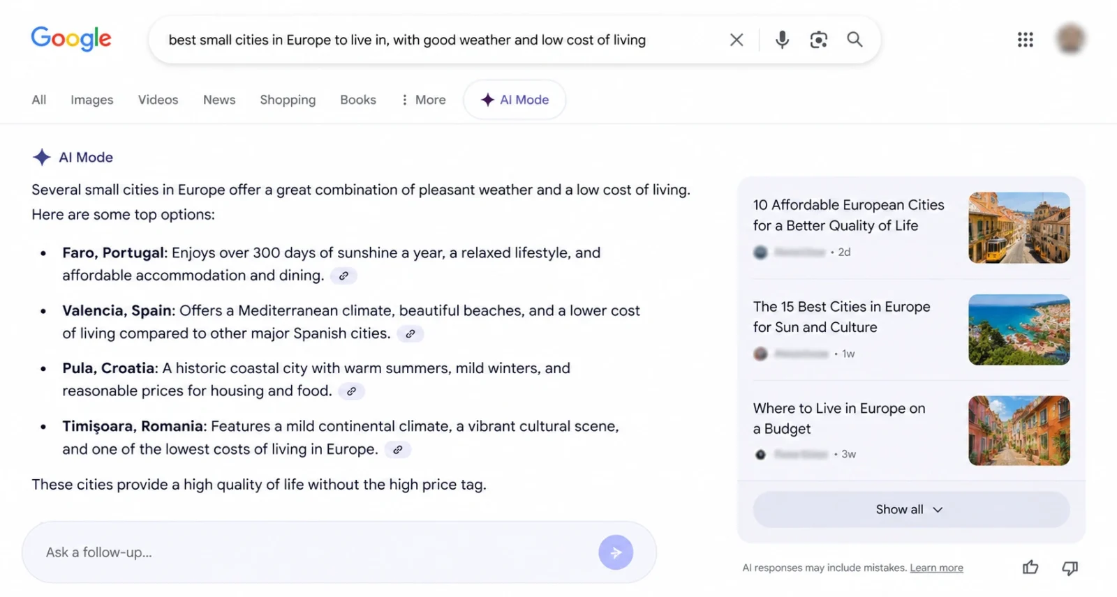 Example AI Mode answer to a complex multi-part question with citations visible
