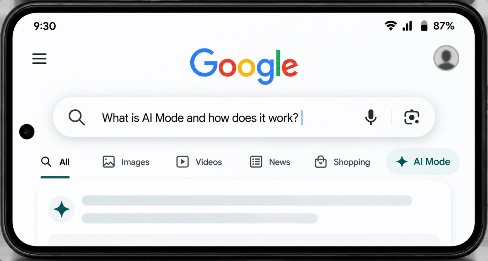 AI Mode in the Google app on a mobile phone, showing voice and camera input options