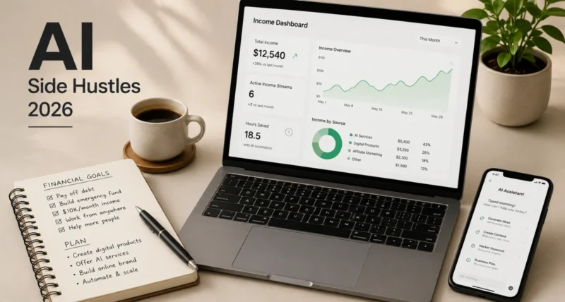 AI side hustles 2026 setup showing laptop dashboard notebook coffee and phone for online income work