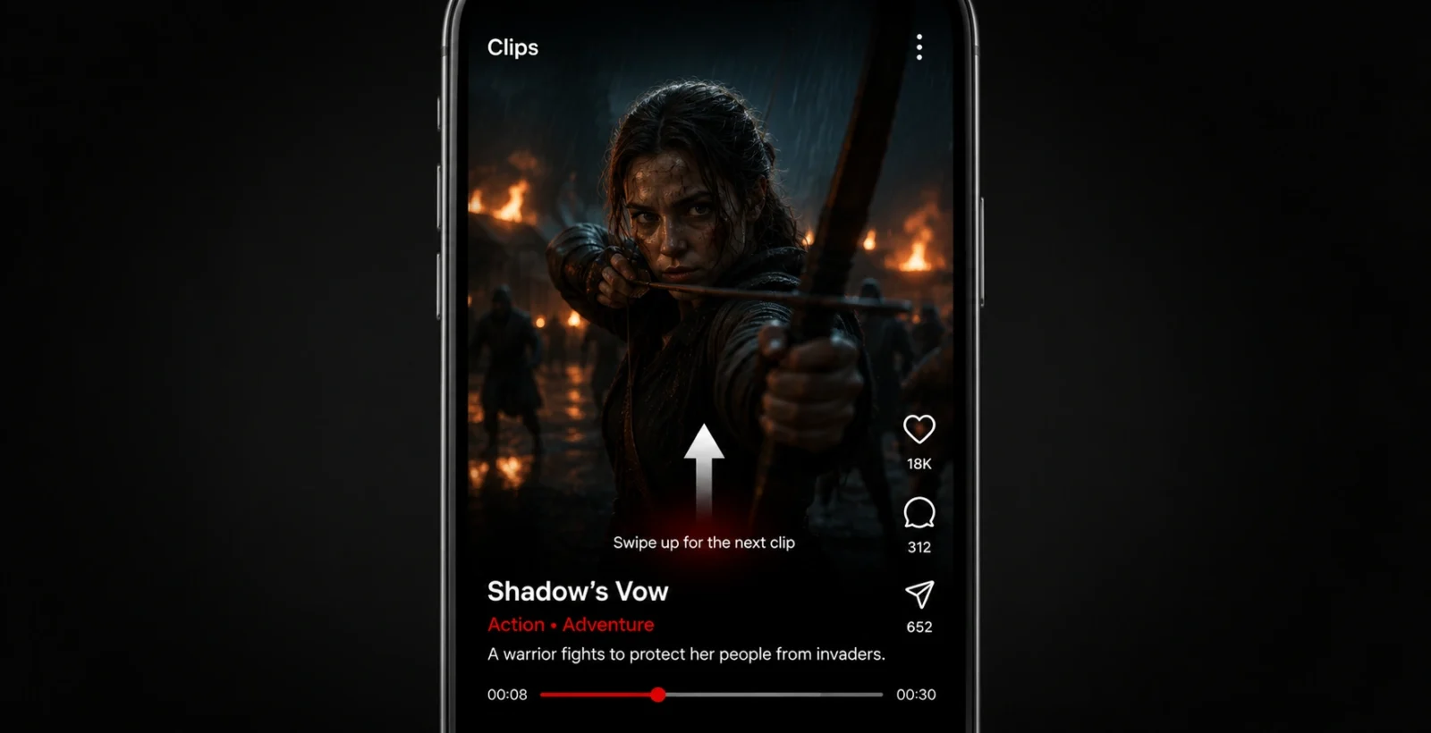 Browsing the vertical Netflix Clips feed with a clip playing and its title and genre shown