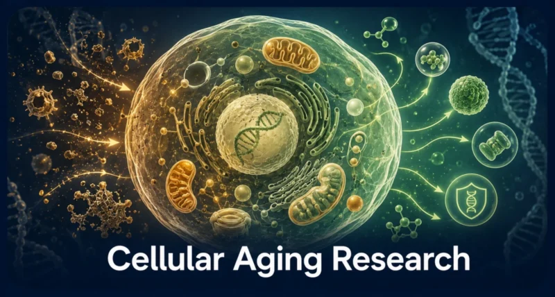 Cellular aging research infographic showing 6 cellular damage mechanisms paired with their targeting strategies