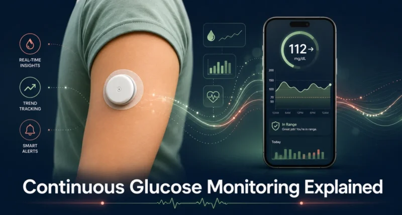 CGM for non diabetics illustration showing wearable glucose monitor on arm with health data visualization elements