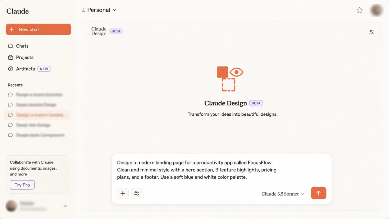 Describing a design idea in Claude Design to generate a first version
