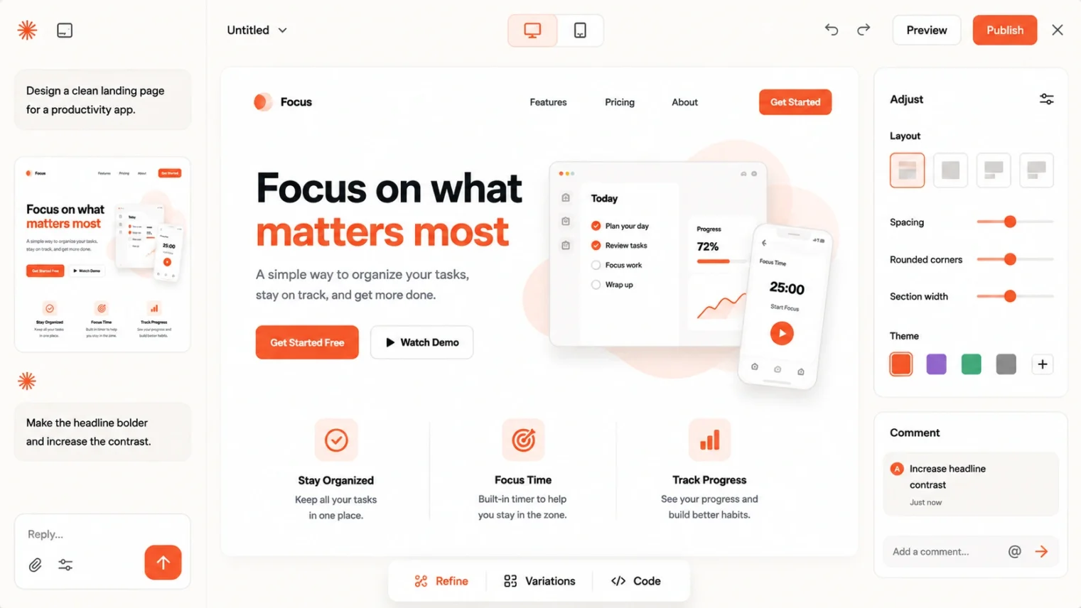 Refining a Claude Design layout using chat, inline comments, and sliders
