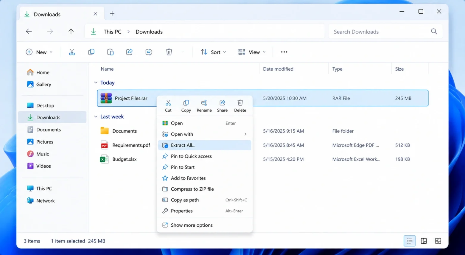 Right-clicking a RAR file and choosing Extract All to open it in Windows 11