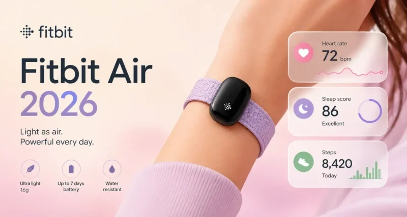 Fitbit Air screenless fitness tracker worn on wrist with health stats overlay 2026