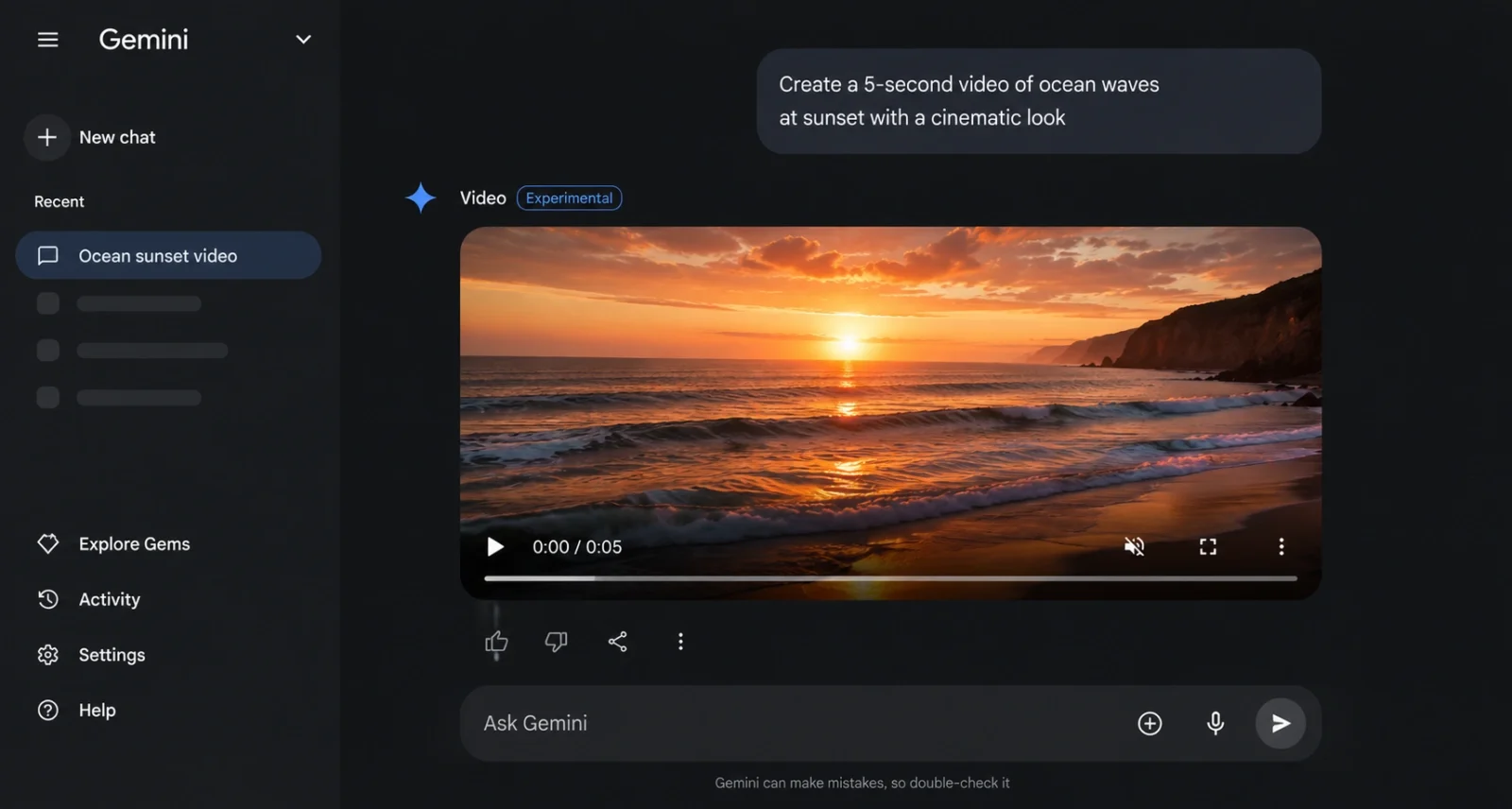 Generating a video with Veo 3.1 inside the Gemini app on a phone