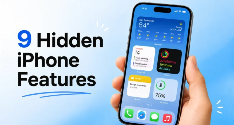 Hidden iPhone features guide showing an iPhone Home Screen with widgets