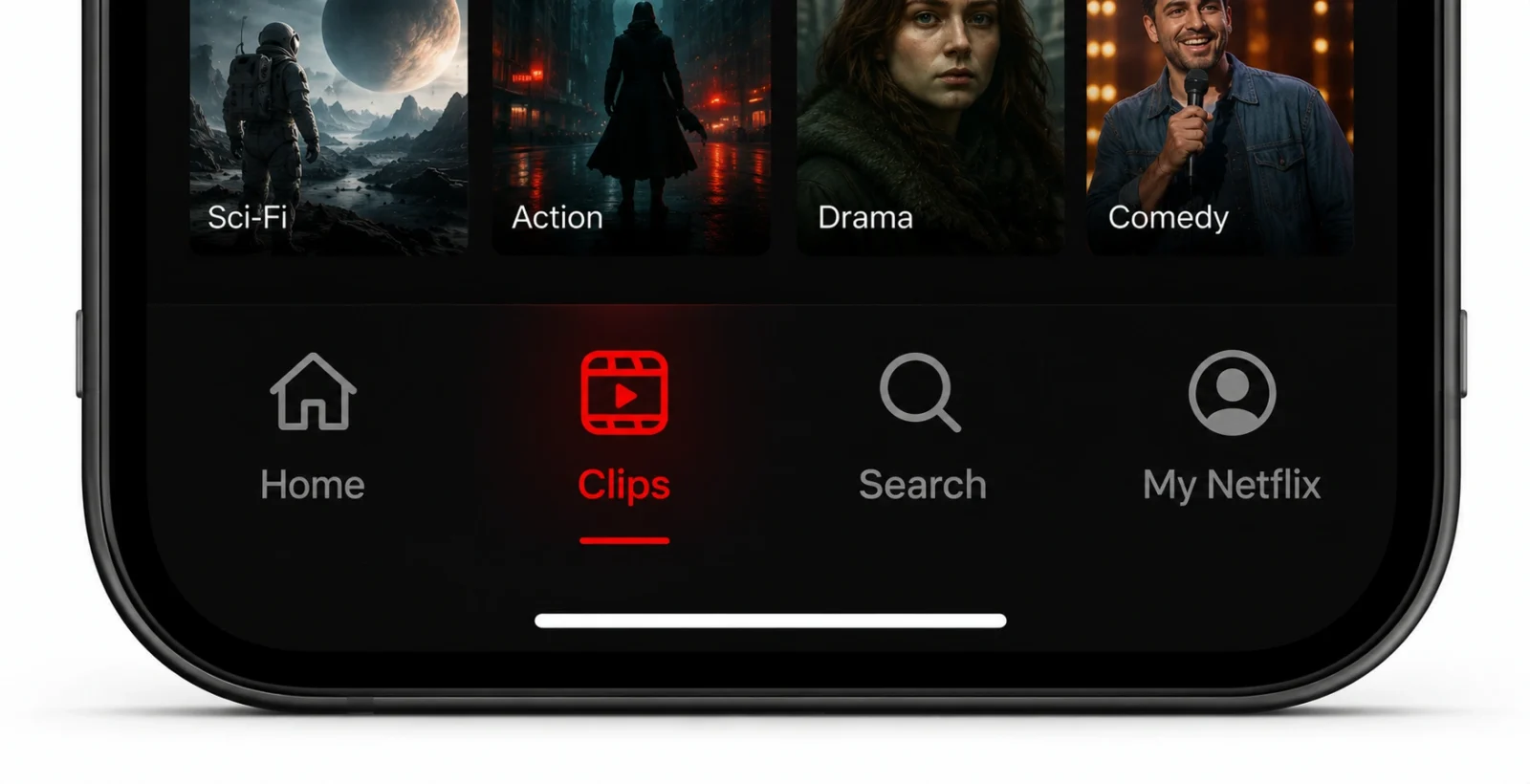 The Netflix Clips feed tab in the bottom navigation of the mobile app
