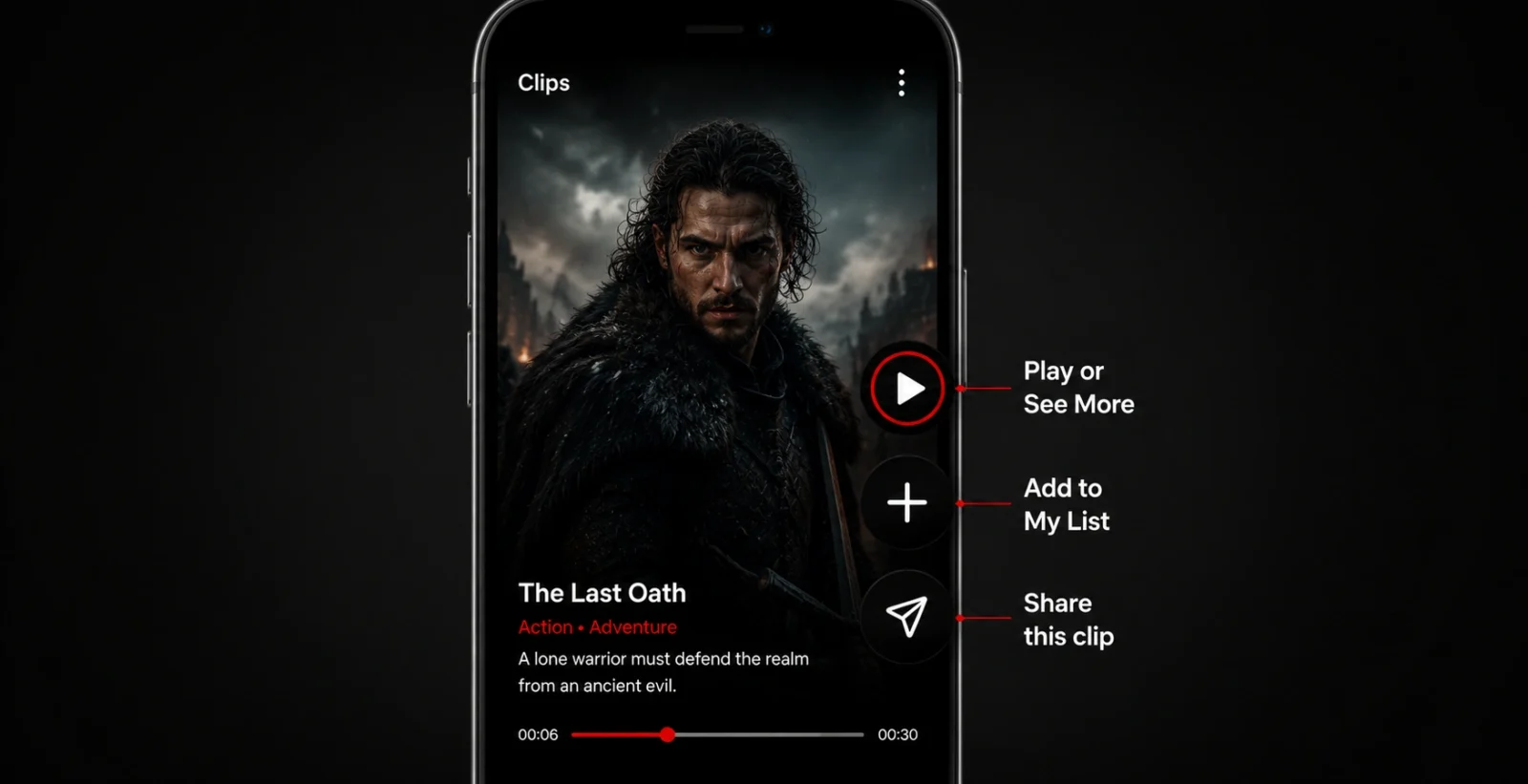 The watch, add to My List, and share buttons on a Netflix clip