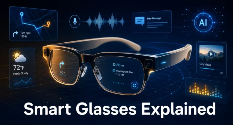 What are smart glasses illustration showing modern smart glasses with subtle AR elements and tech indicators