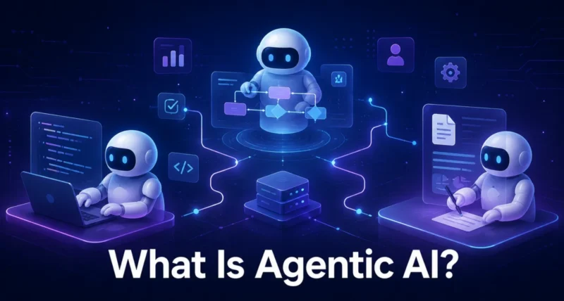 What is agentic AI illustration showing multiple AI agents performing autonomous tasks across digital workspace