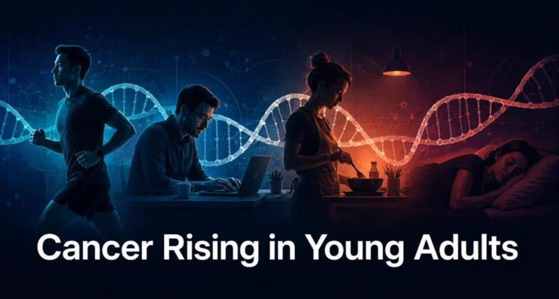 Why are young people getting cancer illustration showing young adults with medical research overlay
