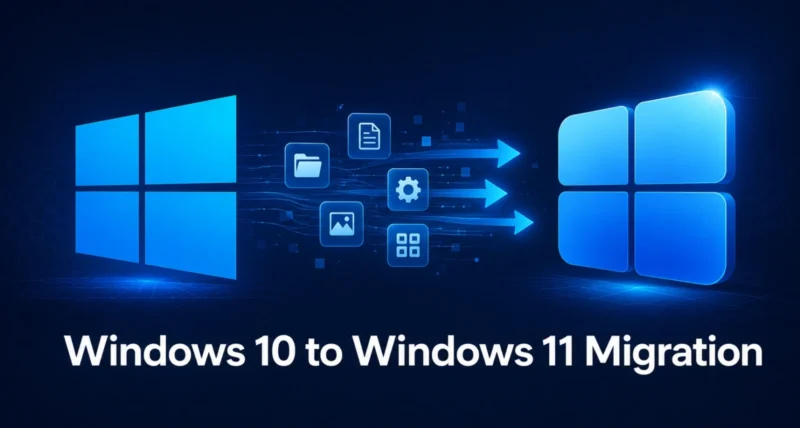 Windows 10 end of support upgrade migration guide showing Windows 10 transitioning to Windows 11