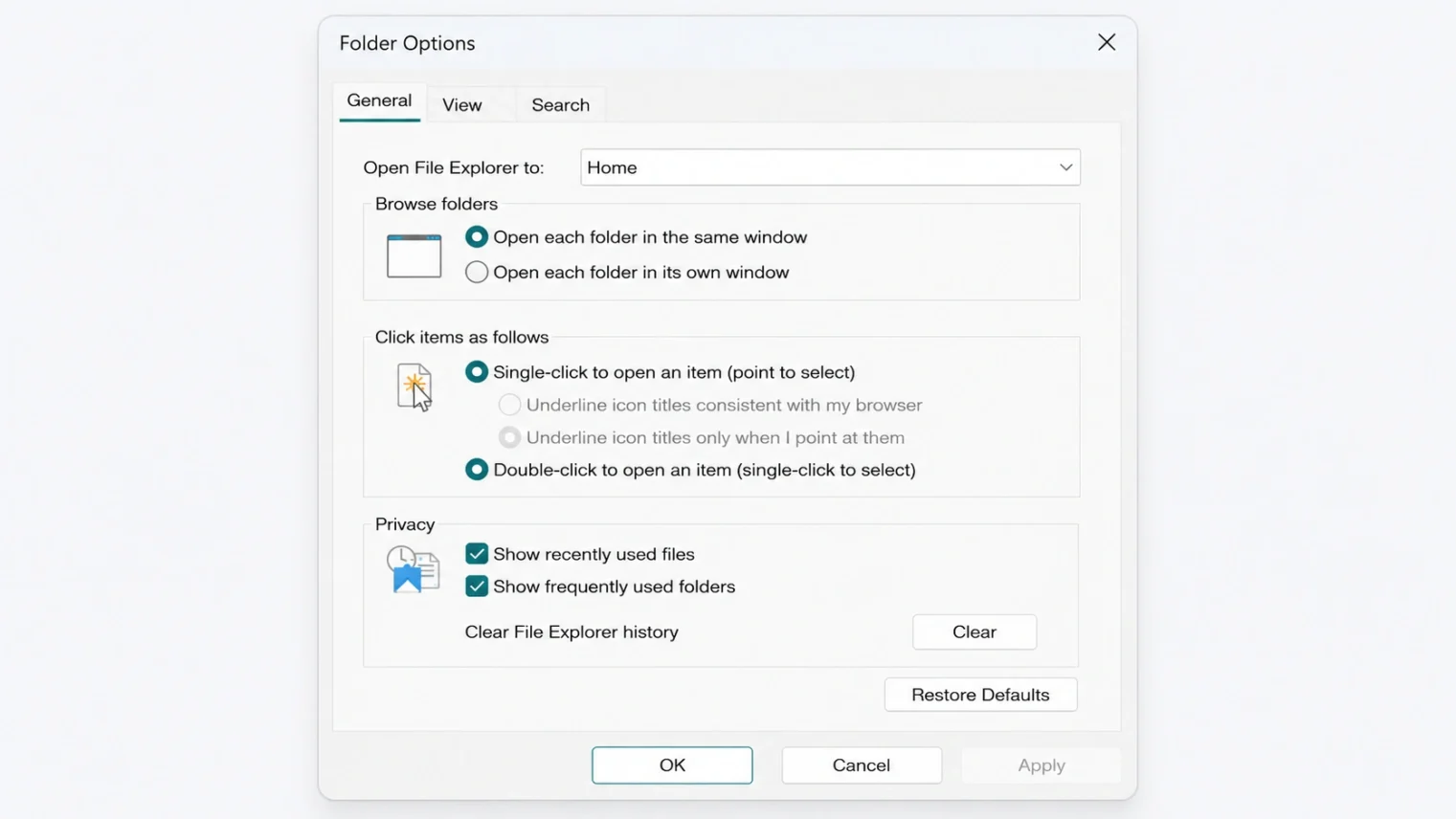 Folder Options window in Windows 11 with Open File Explorer to set to Home