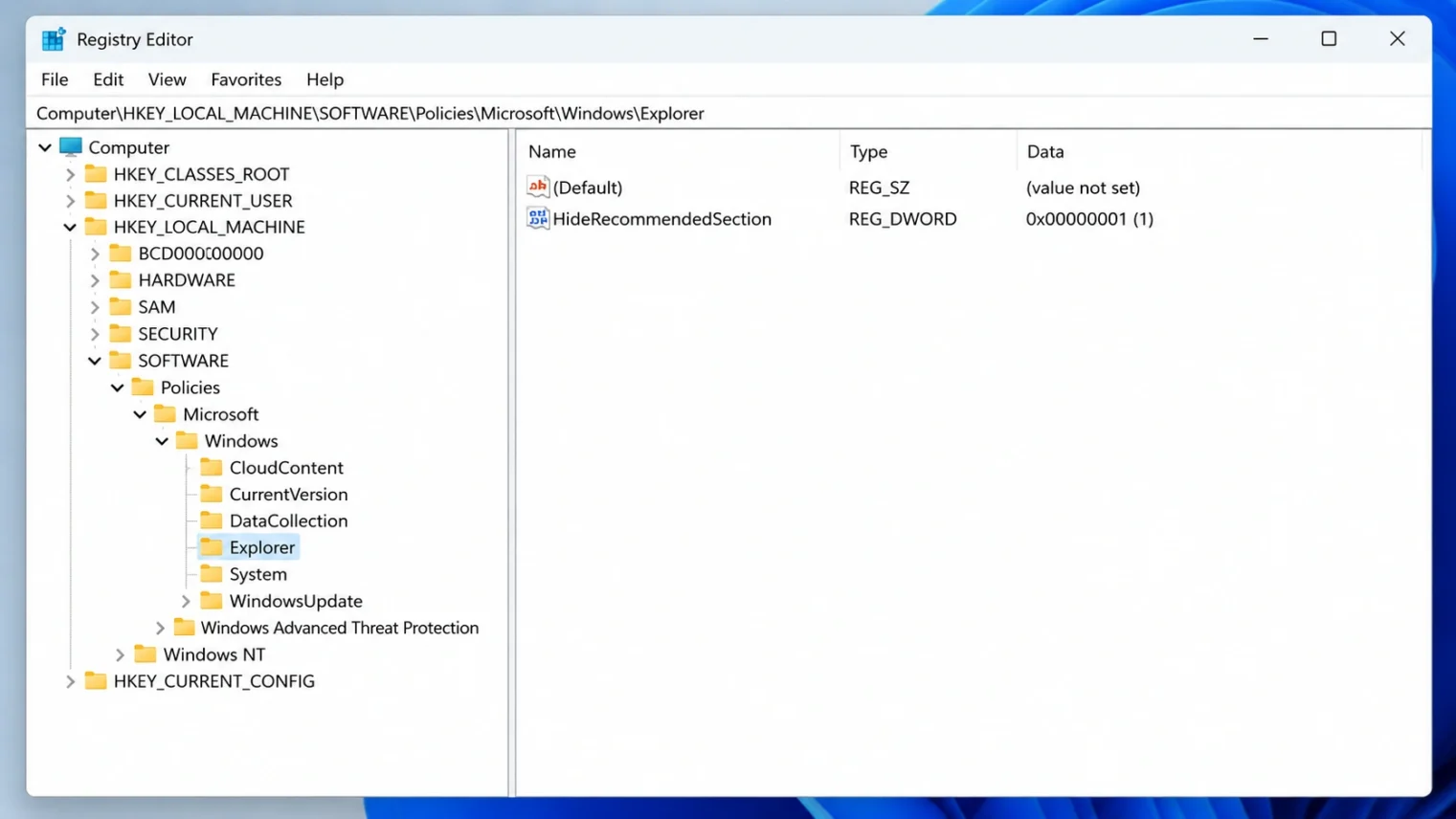 Adding the HideRecommendedSection DWORD value in Windows 11 Registry Editor