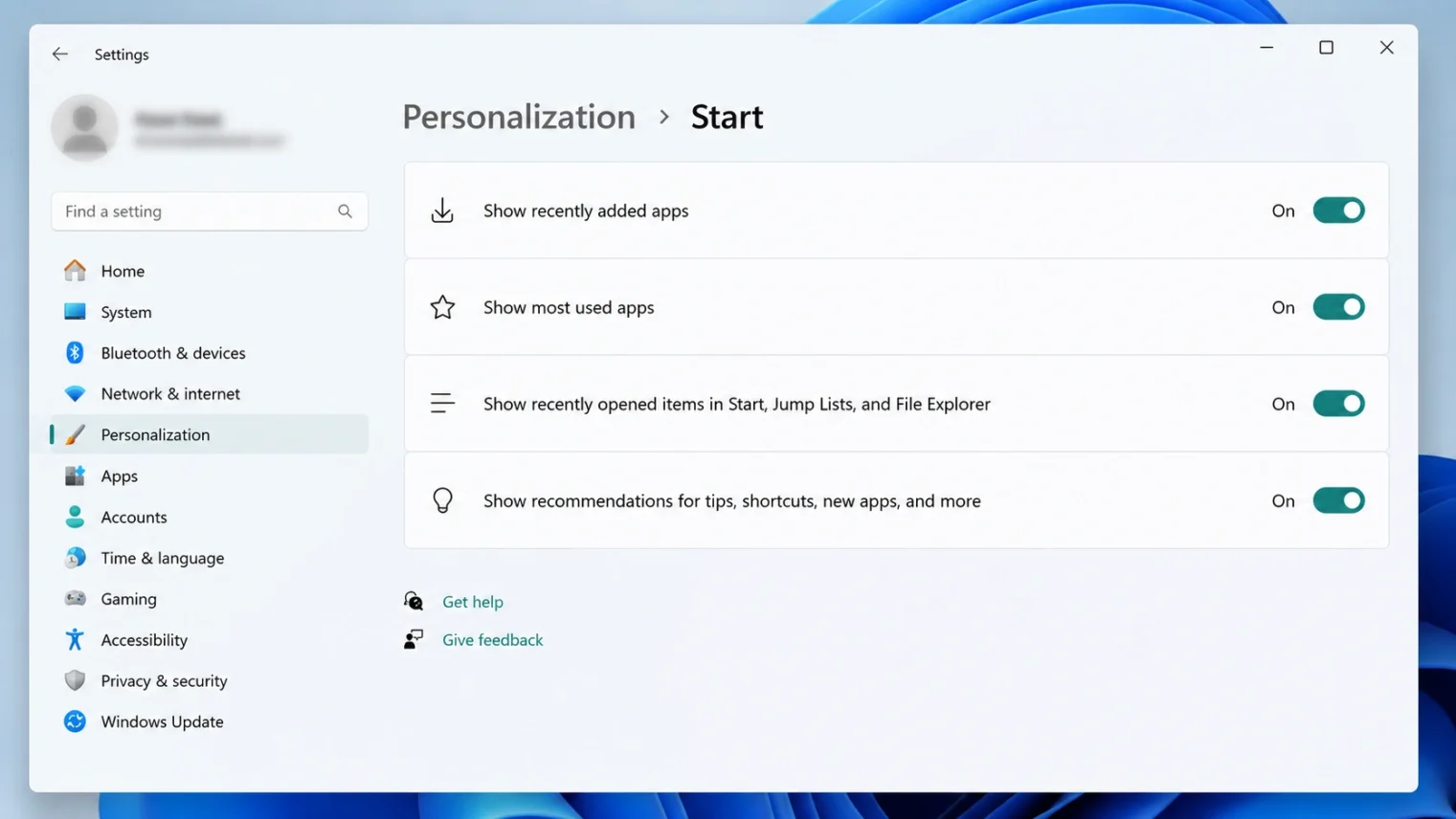 Windows 11 Settings Personalization Start with the Recommended items toggles turned off