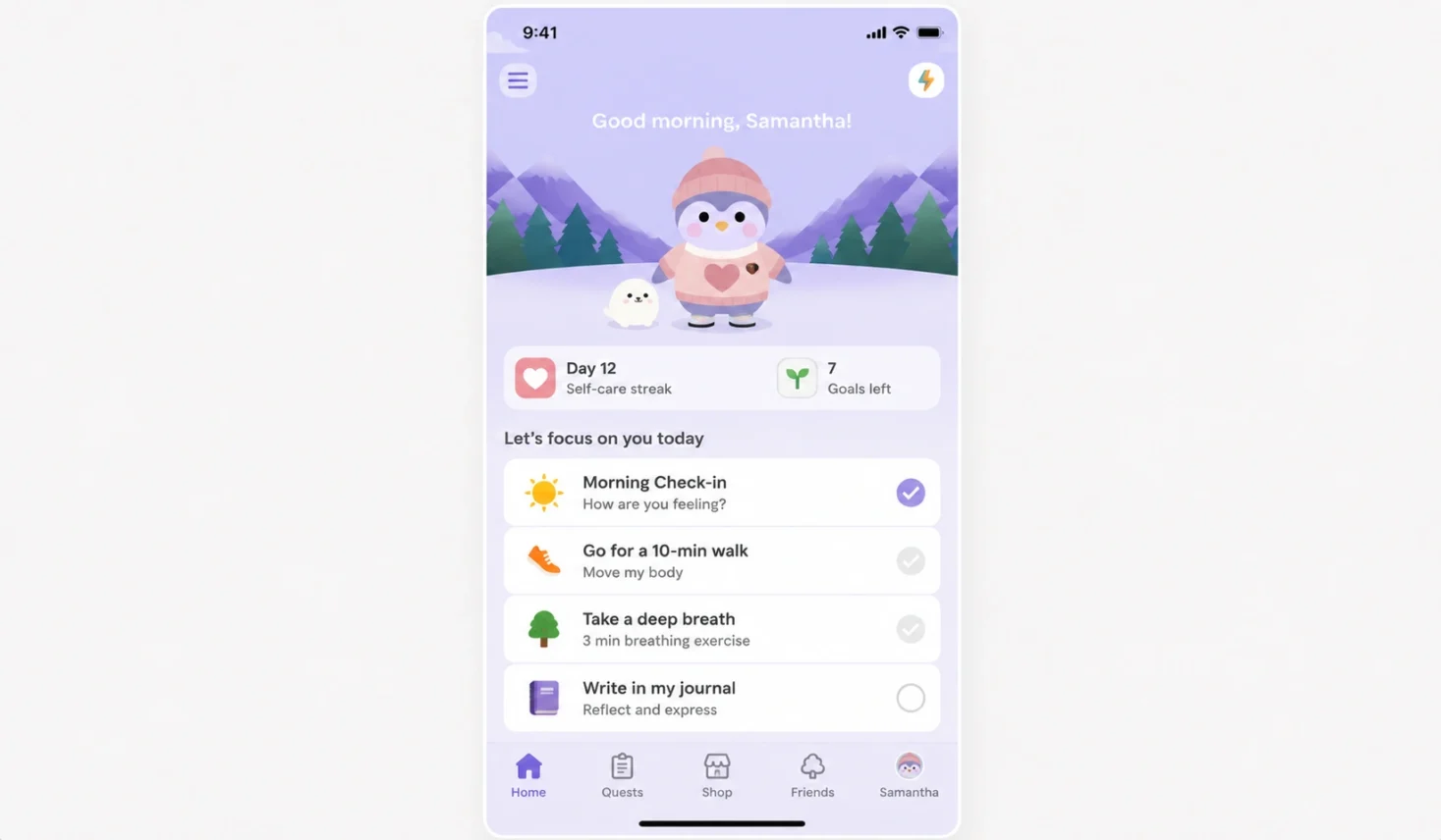 Finch self-care app showing the virtual pet companion and daily wellness goals