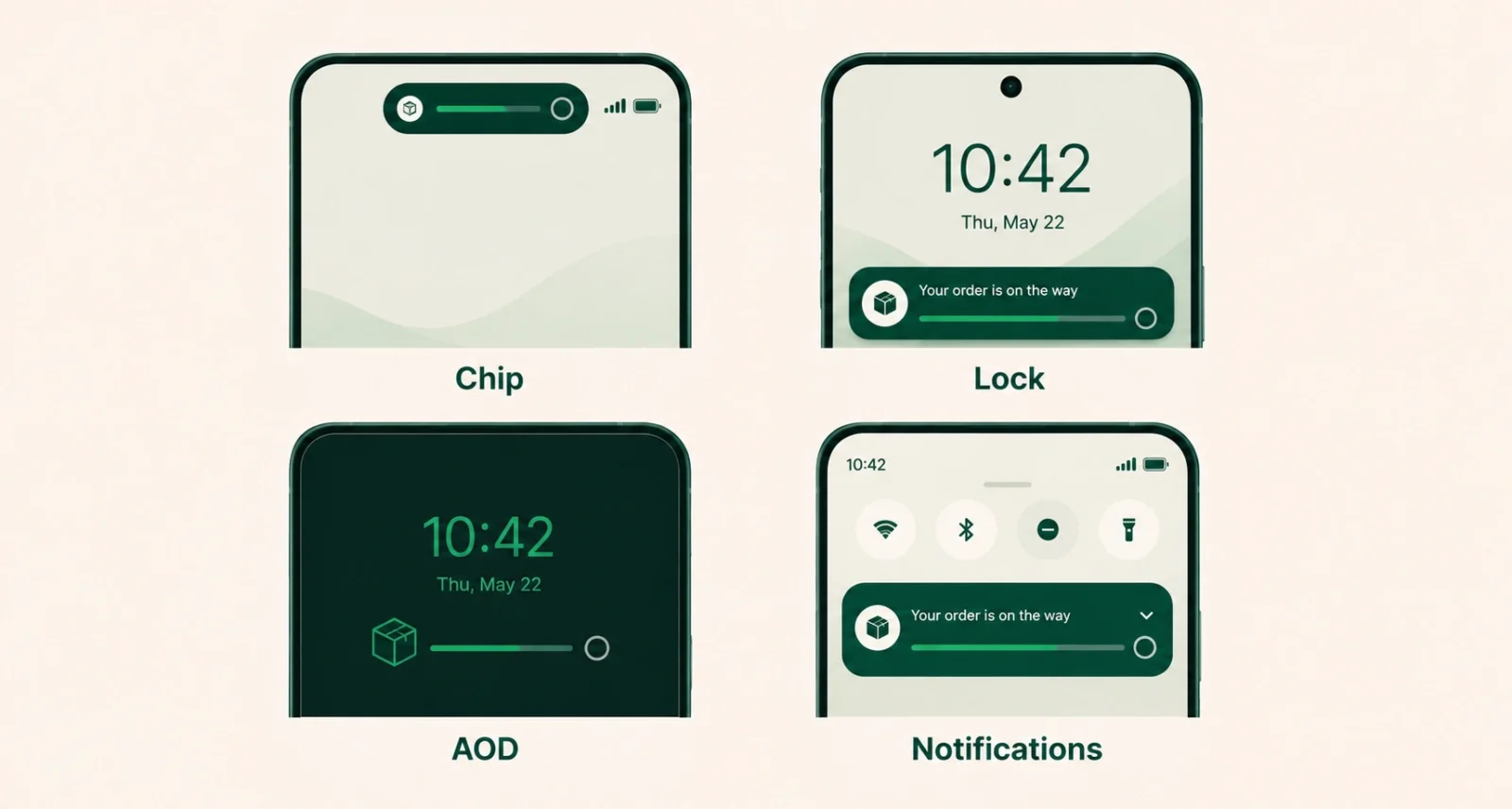 Where Android 16 Live Updates appear: status bar, lock screen, AOD, notification panel