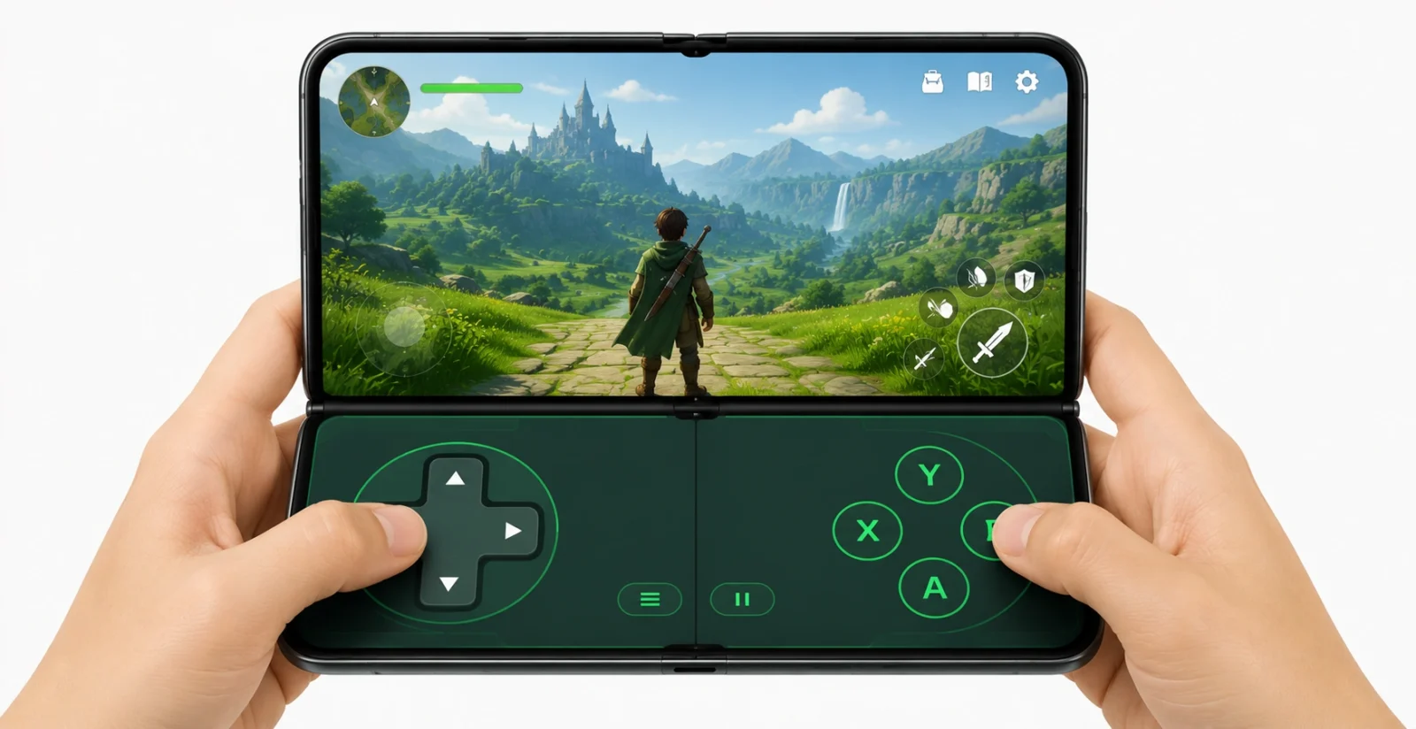 Android 17 foldable gaming mode 50/50 game and gamepad layout screenshot
