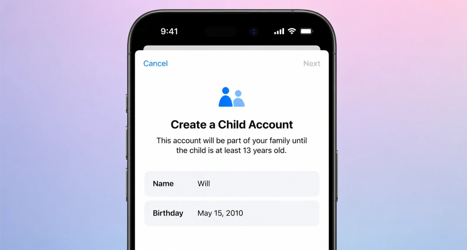 Create a child account screen on iPhone with name and birthday fields