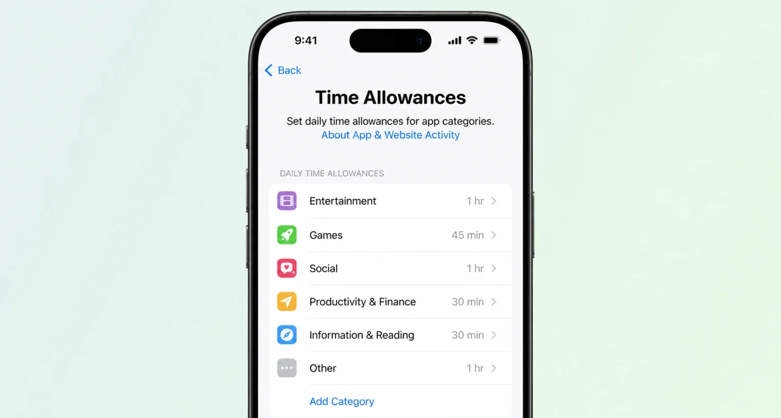 Time Allowances settings on iPhone showing app categories and limits
