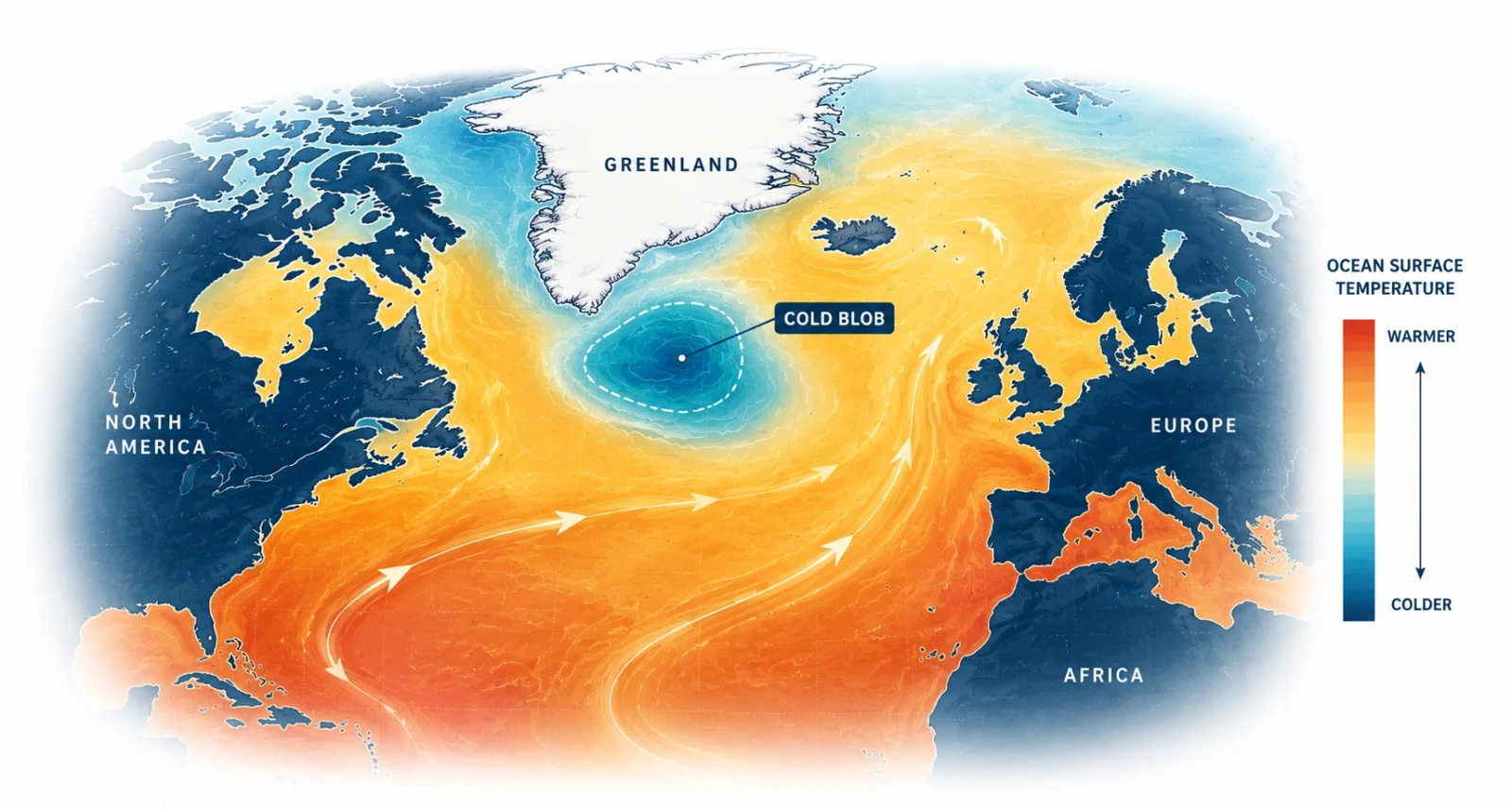 Map showing the Atlantic cold blob cool patch south of Greenland