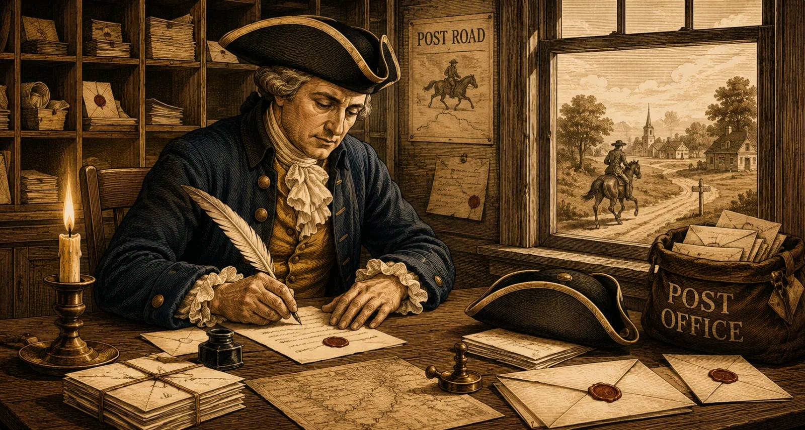 Benjamin Franklin appointed first Postmaster General in 1775, colonial post office illustration