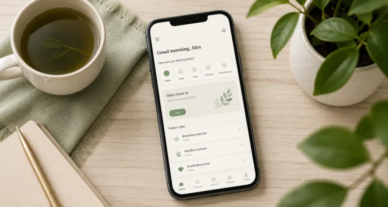 A smartphone showing mental health and meditation apps, representing the best mental health apps of 2026
