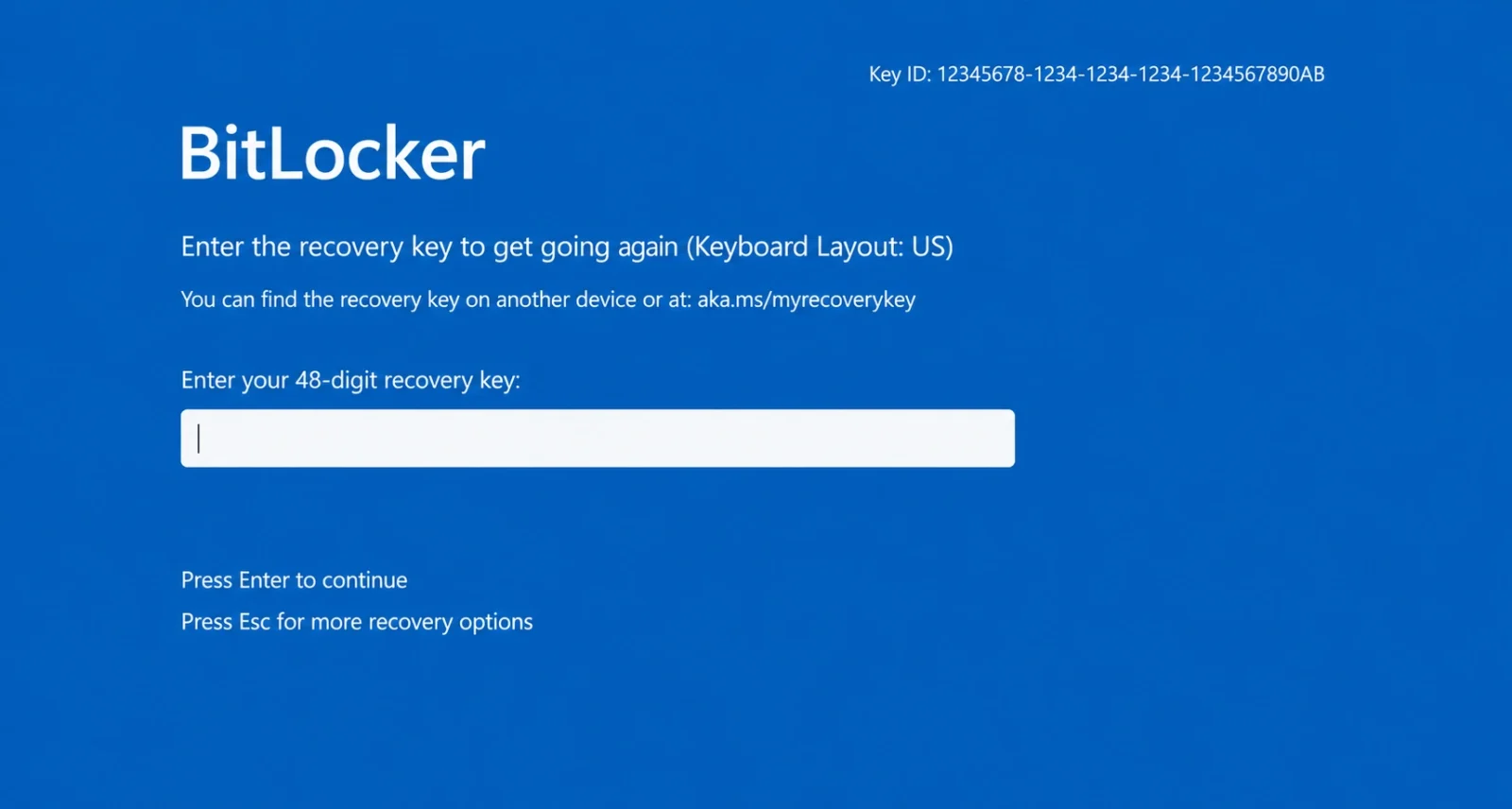 Windows 11 BitLocker recovery screen showing the 48-digit key entry field and Key ID