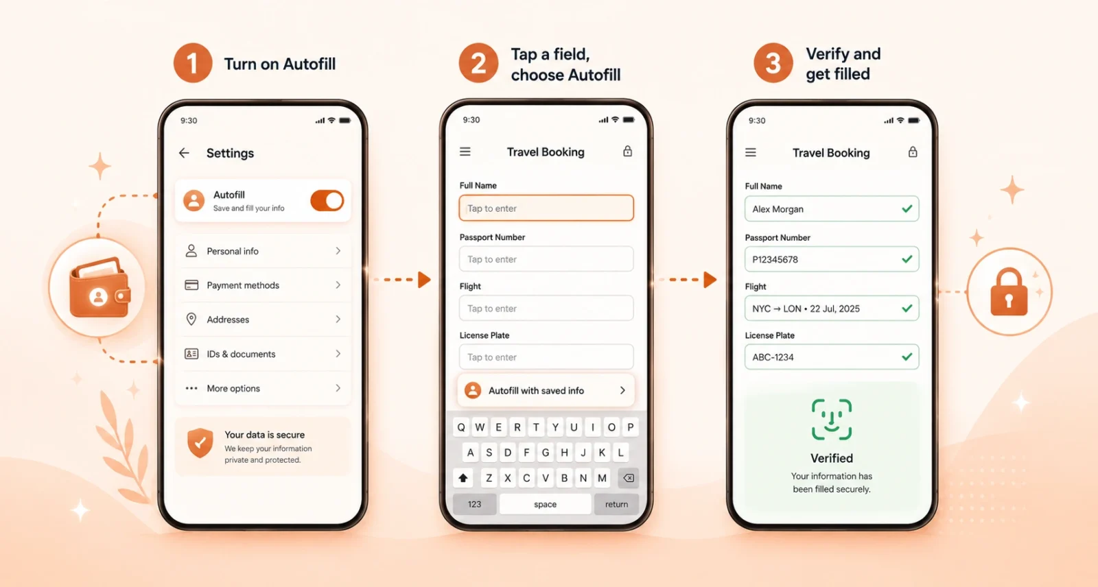 Three step illustration showing how to enable Chrome autofill, tap a field, and confirm with a screen lock