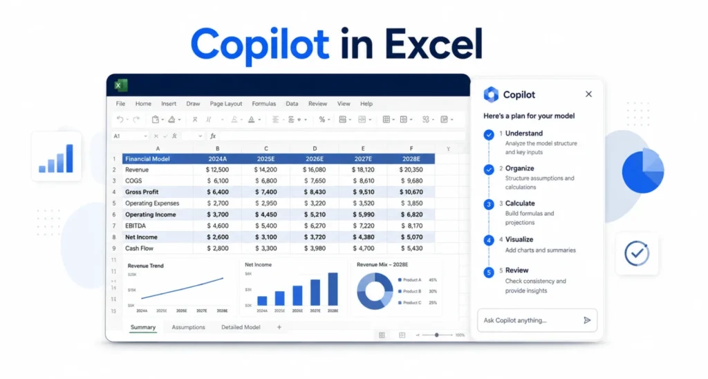 Copilot in Excel building a finance model with skills and a clear audit trail