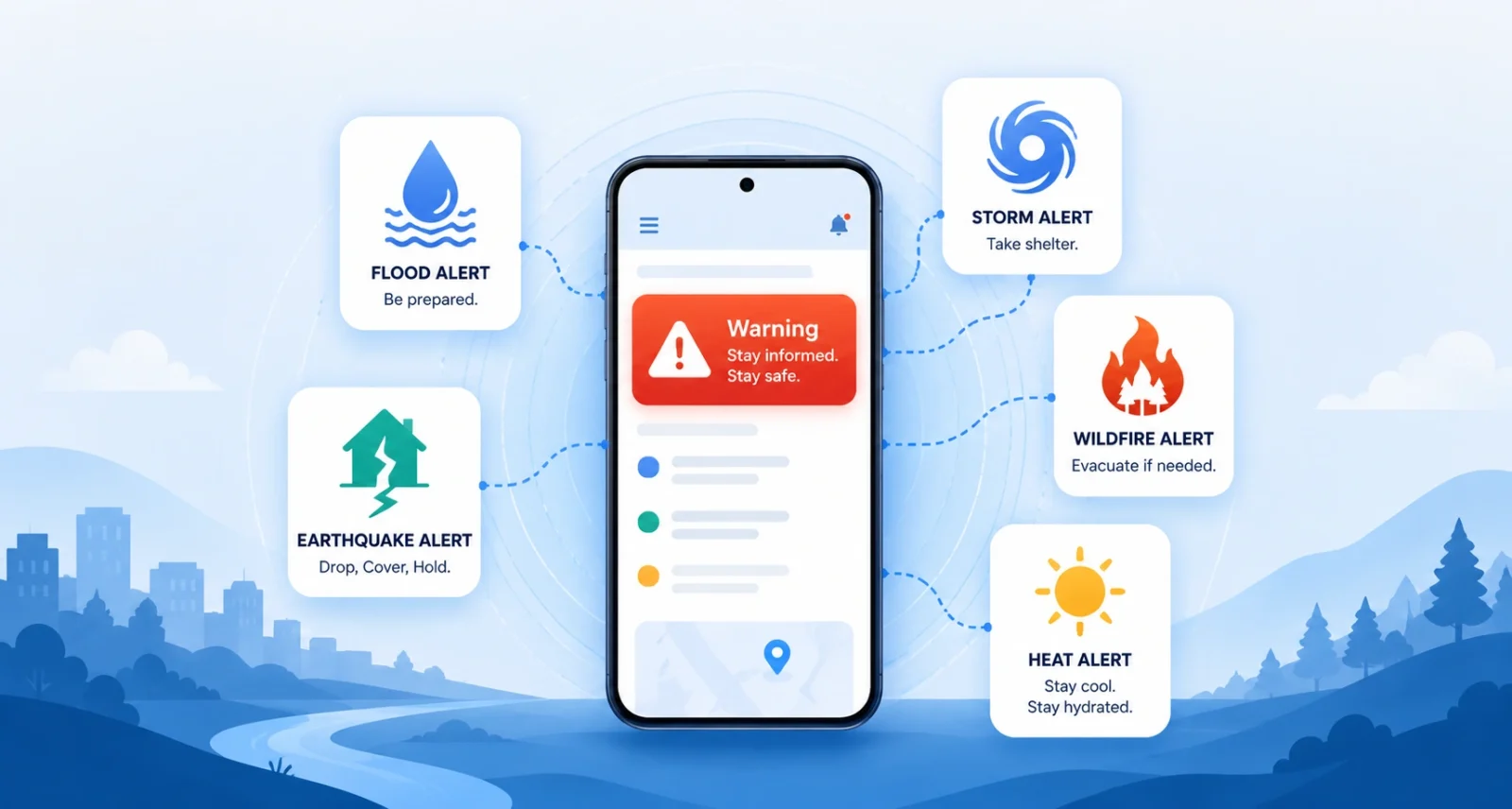 Illustration of phone receiving flood, storm, earthquake, wildfire, and heat alerts to prepare for disasters