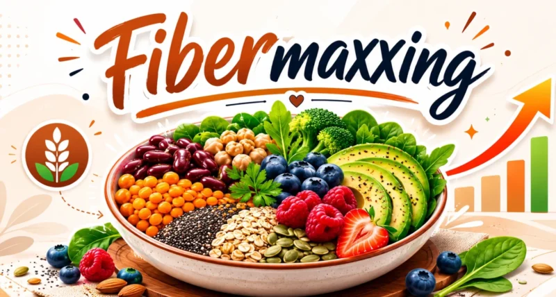 Fibermaxxing plate of high-fiber whole foods including beans seeds and berries