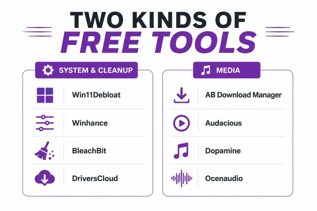 Diagram grouping the eight free tools into system cleanup and media categories