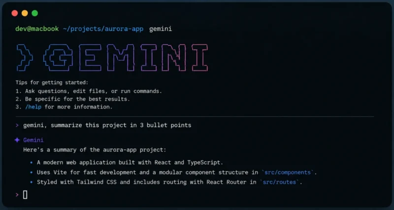 Gemini CLI, Google's free terminal AI coding agent, running in a developer terminal
