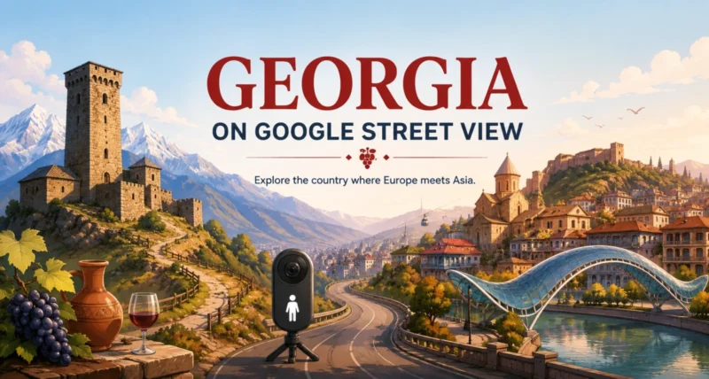 Georgia country Street View on Google Maps, mountains towers and old town, featured illustration