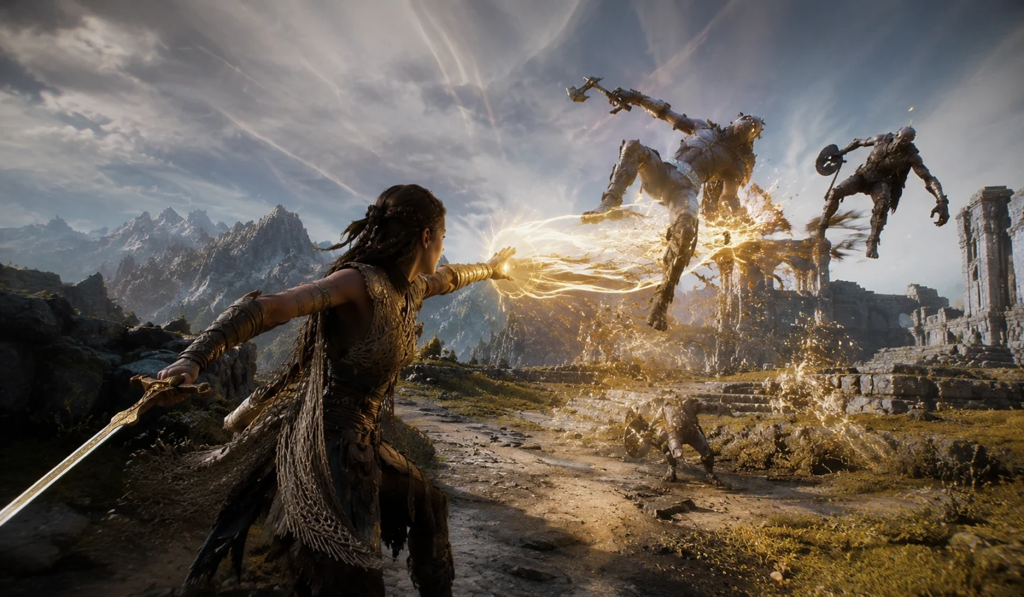 God of War Laufey gameplay screenshot showing Faye in combat with her golden palm soul-strike ability