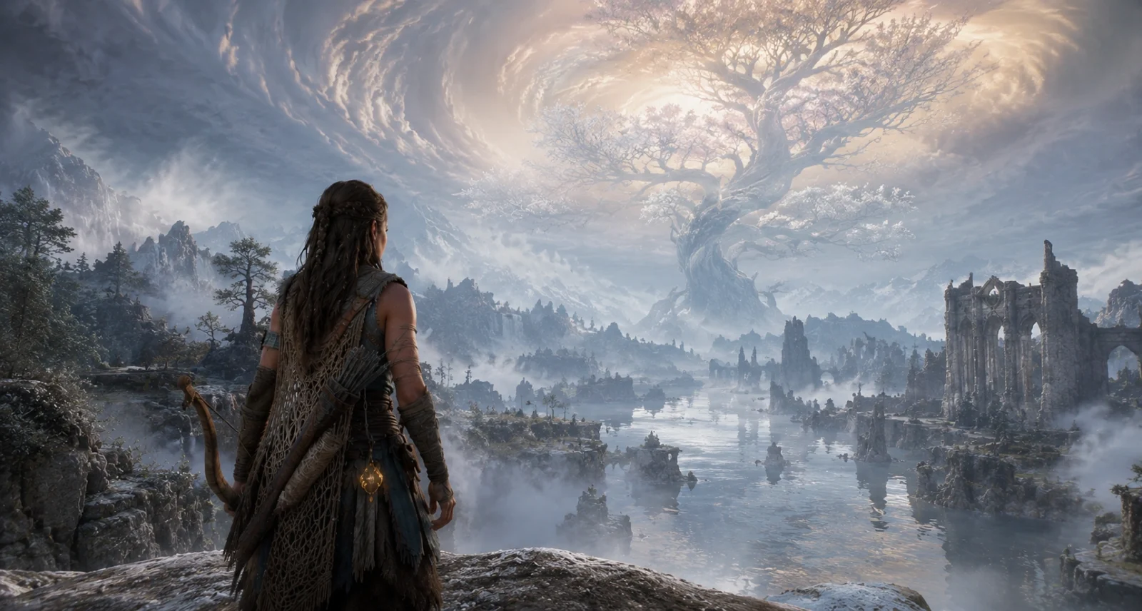 Use one of the in-game screenshots from the PlayStation Blog announcement at https://blog.playstation.com/2026/06/02/first-look-at-god-of-war-laufey/ (the post has multiple full-resolution screenshots available for download). Choose one that clearly shows Faye in the otherworldly setting of the Everywhen. Crop to 1600 by 856 pixels for the featured image, save as WebP at 80 to 200 KB. The image should immediately convey the mythological scale and tone of the announcement.