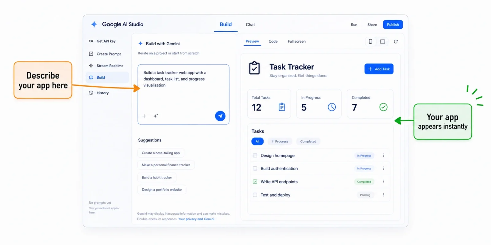 Google AI Studio Build Mode showing a prompt and live app preview