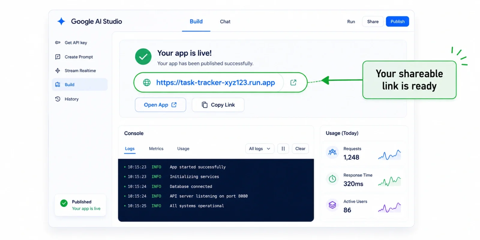 Published Google AI Studio app showing the live run.app URL