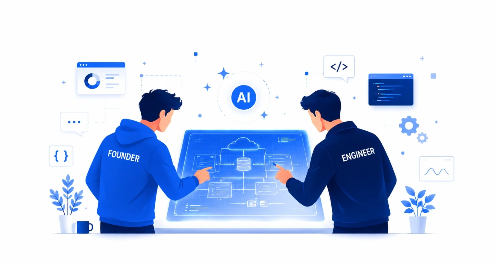 Startup founders working with Google engineers on technical problems illustration