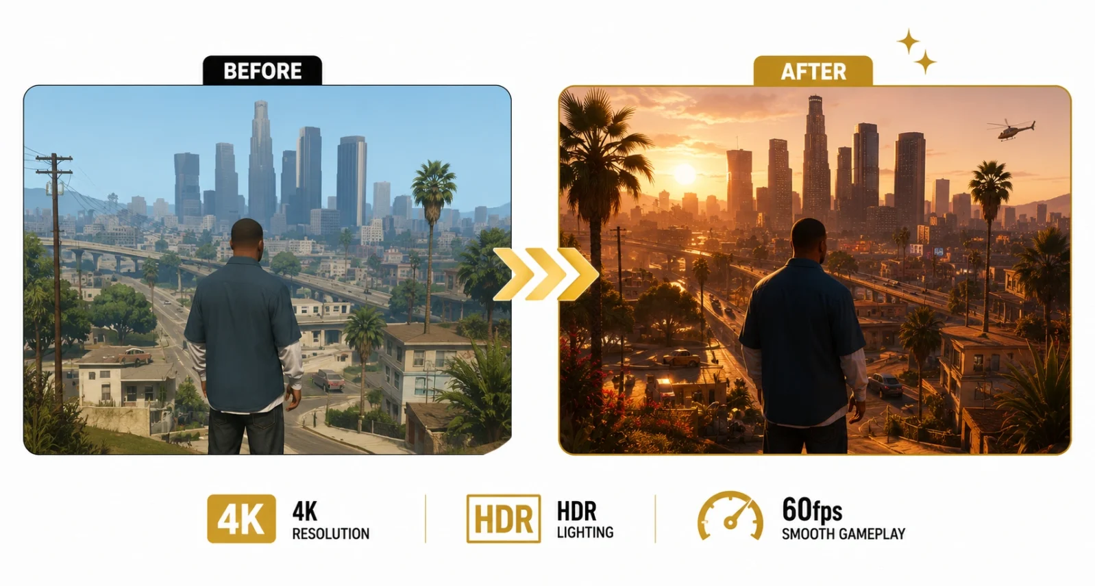 GTA 5 current-gen upgrade benefits 4K HDR 60fps comparison illustration