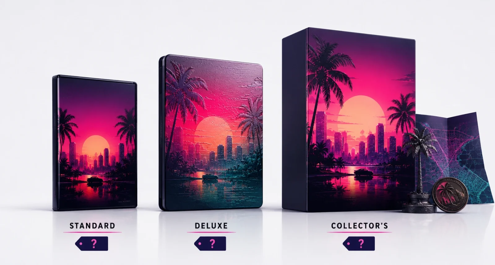GTA 6 edition tiers compared, Standard, Deluxe, and Collector's, with prices still unconfirmed