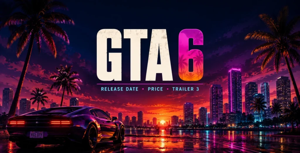 GTA 6 release date pre-orders price and trailer 3 guide featured graphic Vice City neon