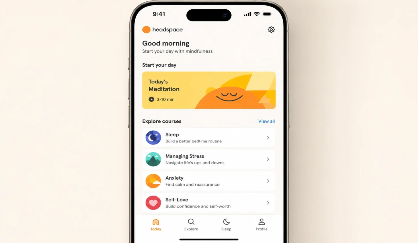 Headspace app showing guided meditation courses for beginners on a smartphone