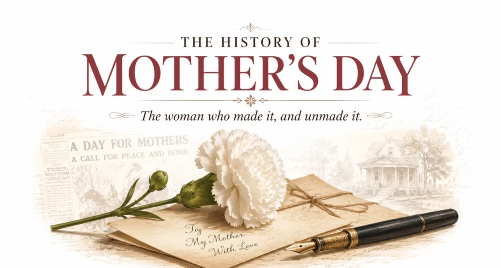 History of Mother's Day and Anna Jarvis story featured illustration with white carnation and letter