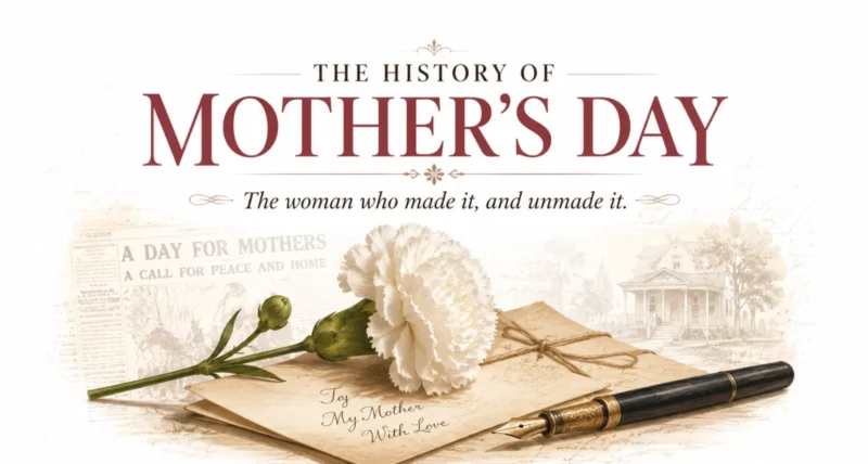 History of Mother's Day and Anna Jarvis story featured illustration with white carnation and letter