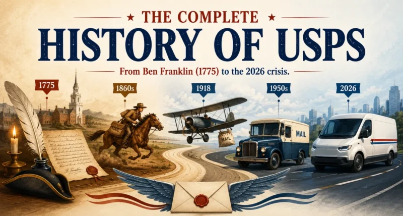 The complete history of USPS from Ben Franklin 1775 to 2026, postal timeline featured